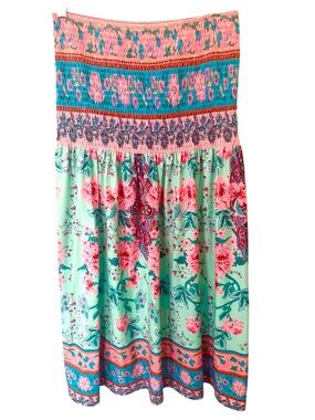 Boutique Boho Floral Smocked Strapless Midi Dress | Mint Pink | S/M